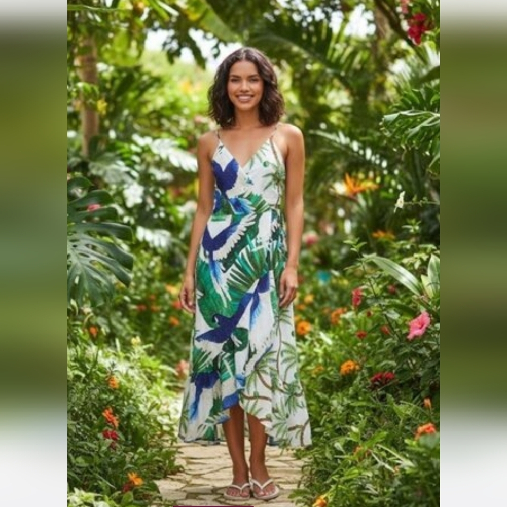 FARM Rio Mixed Palm Wrap Green and Blue Asymmetrical Sundress